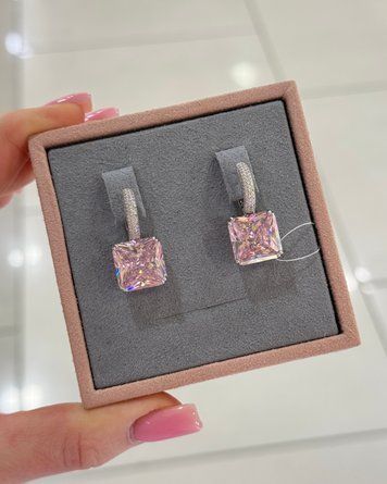 Сережки Вісюльки Рожеві квадр англ заст Фіаніт 14гр срібло 925 100255 100255 фото